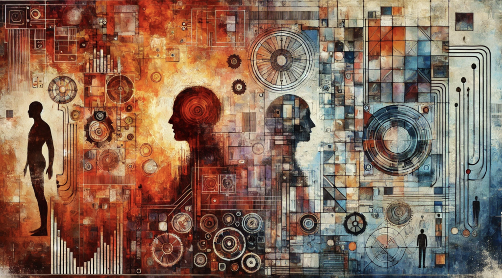 Abstract editorial illustration divided into two zones: the left side is filled with red-orange tones, gears, and human silhouettes representing manual labor and cognitive overload; the right side transitions into cooler blue and gray hues with circuit patterns and abstract forms symbolizing AI, automation, and clarity.